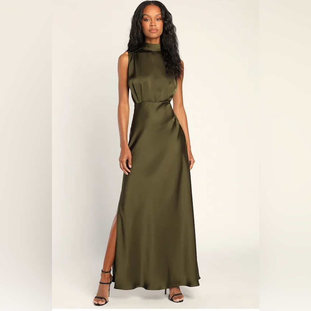 Lulu's Classic Elegance Olive Satin Sleeveless Mock Neck Maxi Dress